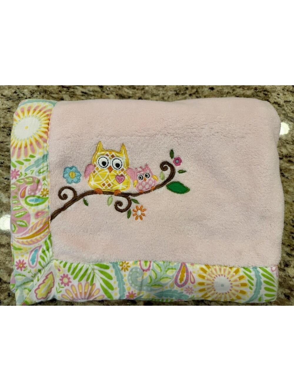Rare Kidsline By Dena Pink Blanket W/ Owls On Branch Floral Trim EUC